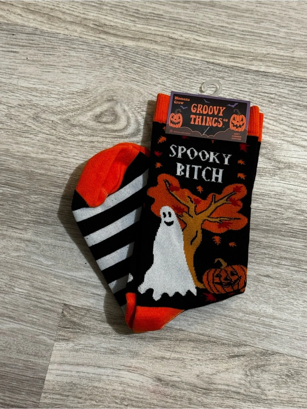 Spooky B!tch Halloween Crew Socks - Black & Orange Ghost Design